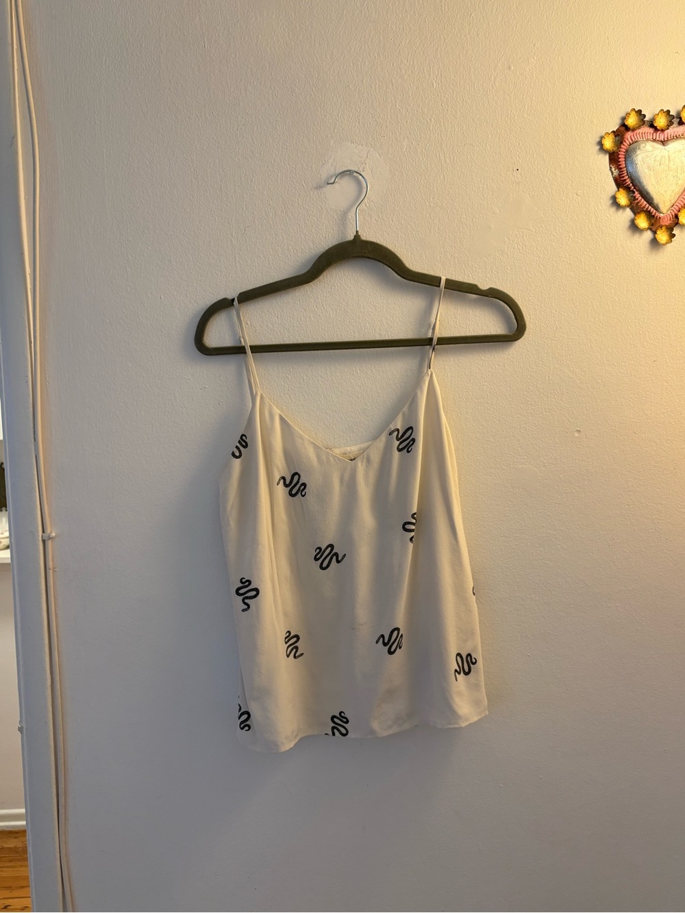 L'AGENCE Cream Satin Cami with Black Embroidered Squiggle Motif